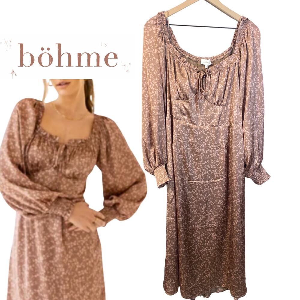 Böhme Rose Gold Ditsy Floral Satin Boho Dress Balloon Sleeves Smocked Back Sz XL